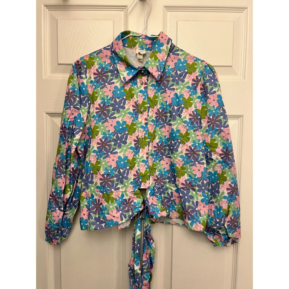 River Island Floral Blouse Women's 6  Tie Front Button Down Boho Cottagecore NWT